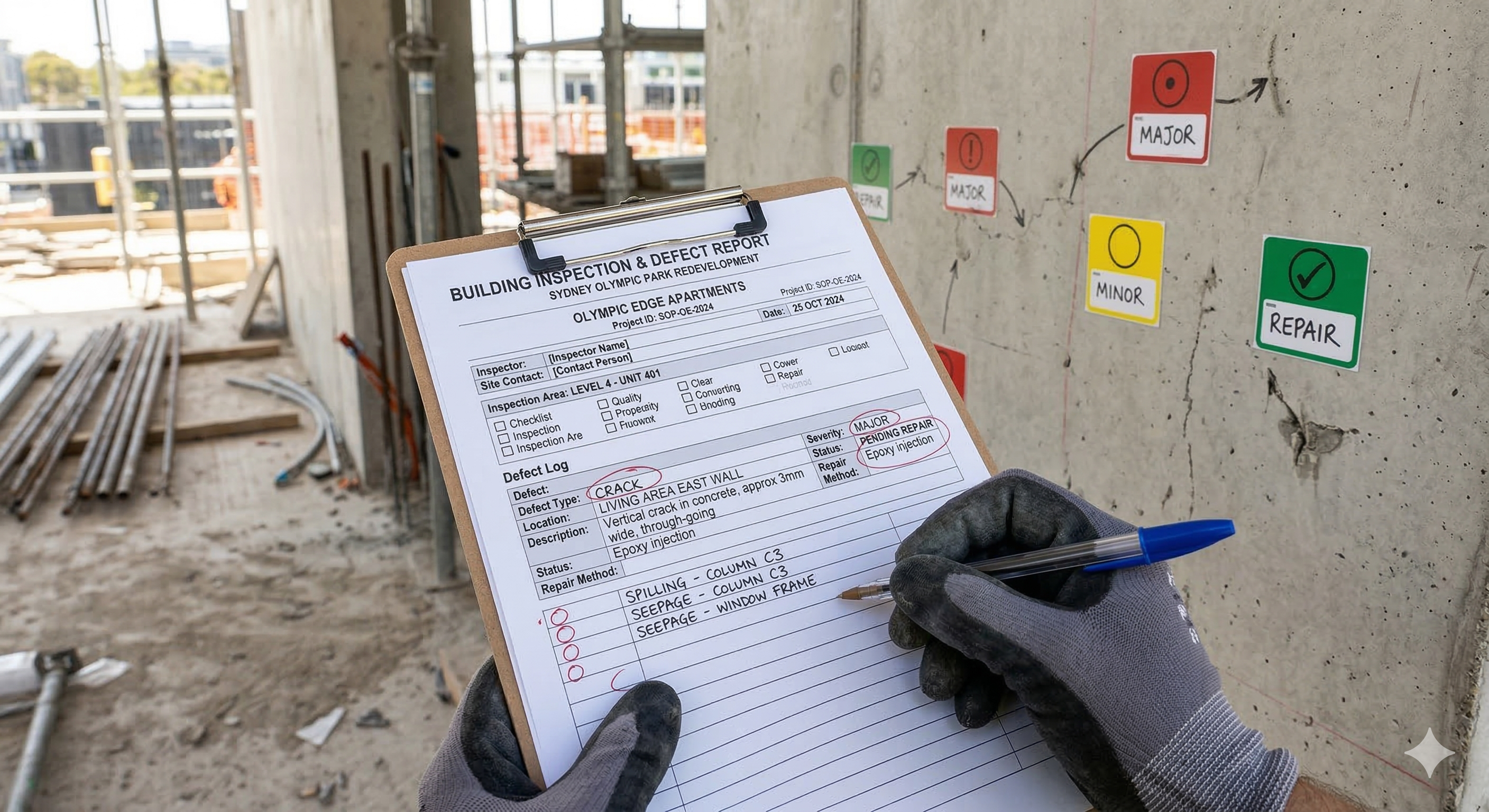 Building inspection defects schedule with colour-coded markers