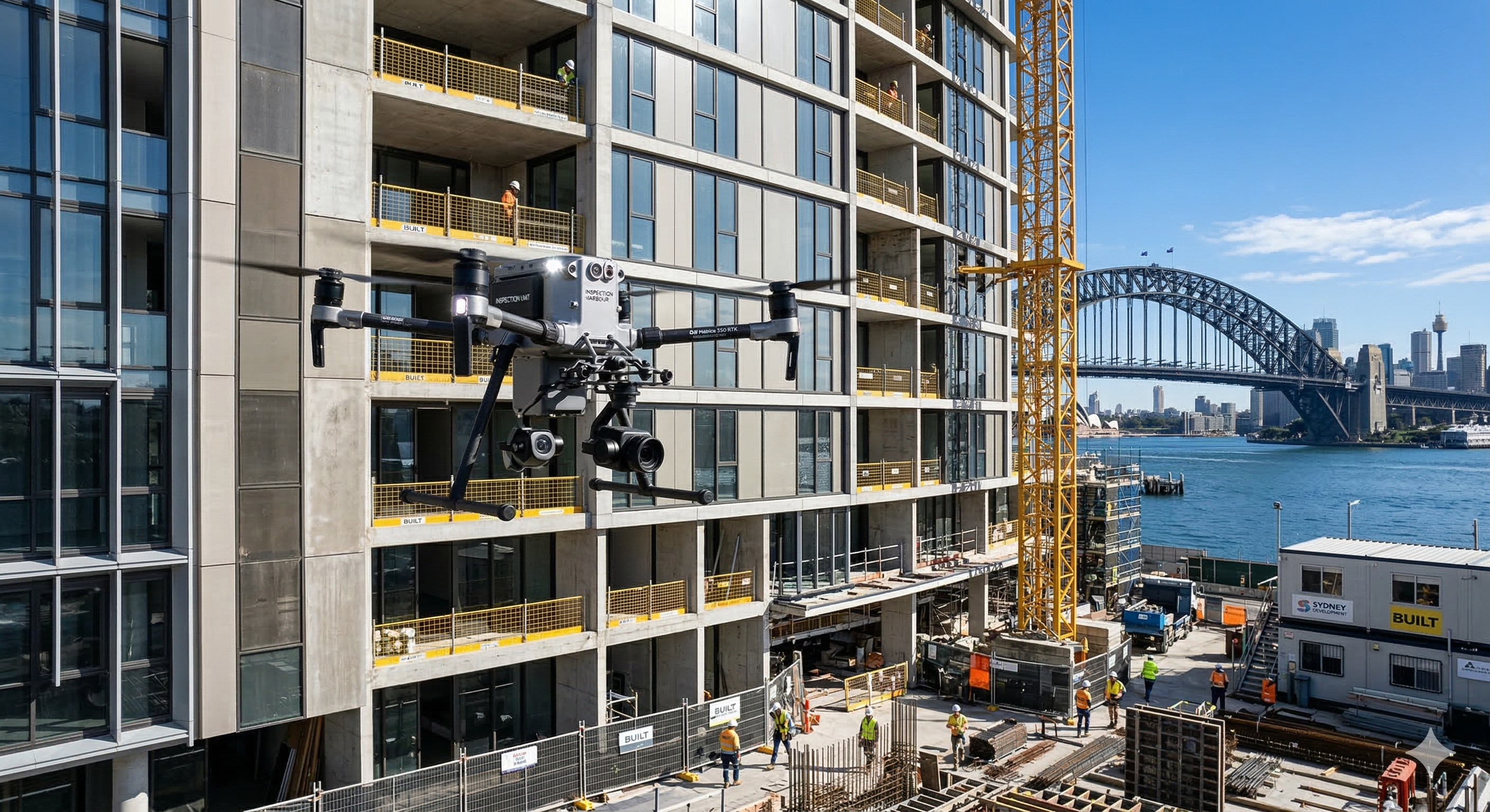 Commercial drone inspecting a multi-storey building facade in Sydney