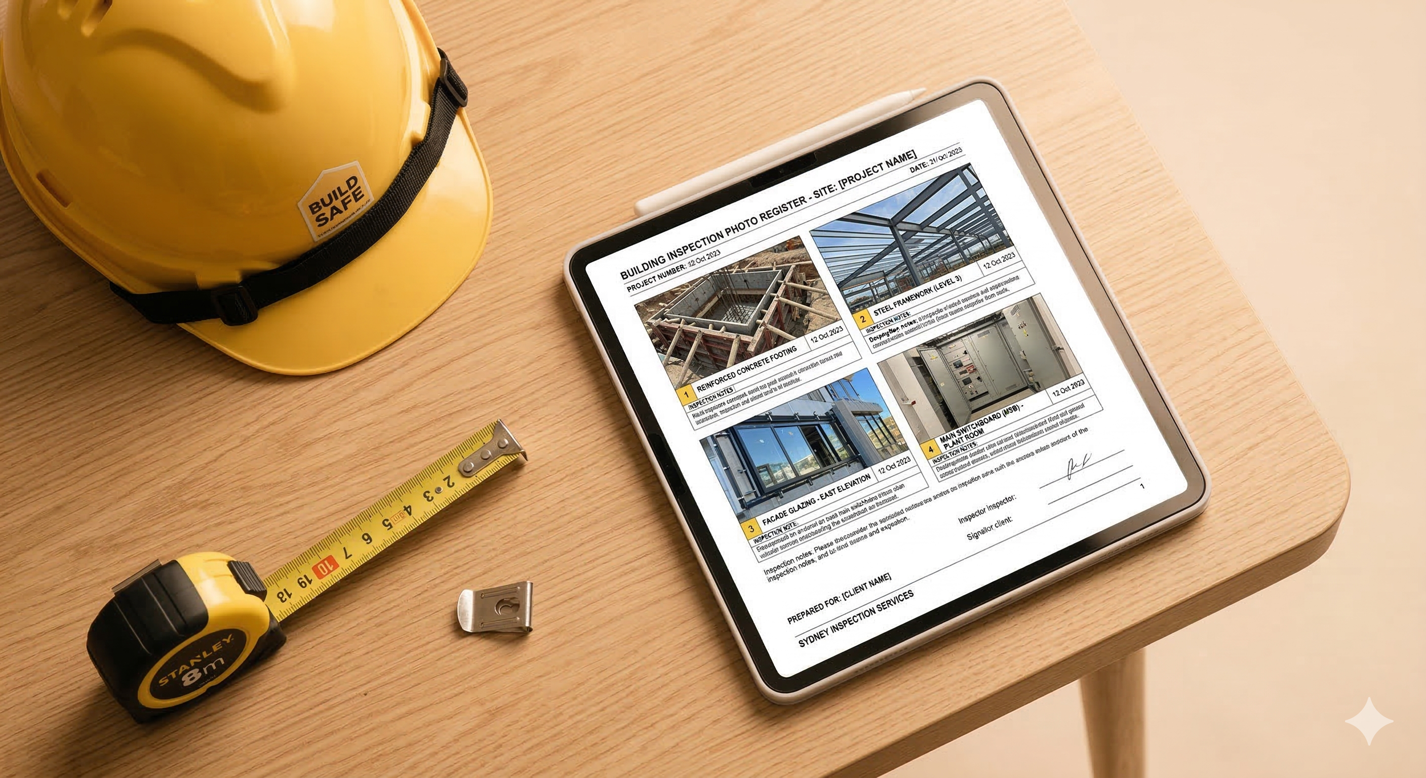 Formatted photo register document on a tablet with inspection imagery
