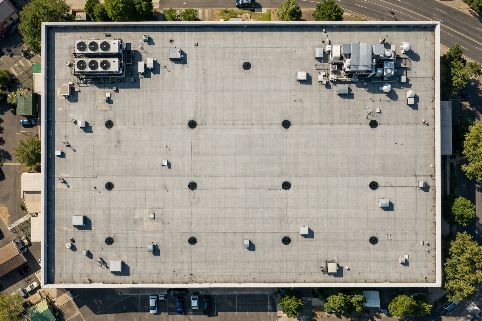 Aerial drone view of a flat commercial roof showing drainage outlets and plant equipment